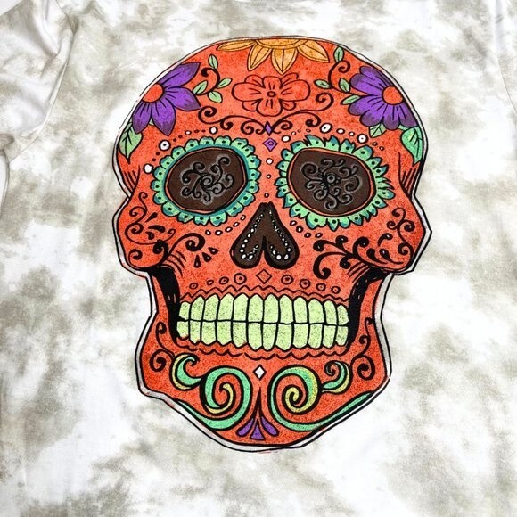 White Tie Dye T-Shirt, Day of the Dead Skull Tee Shirt Medium - Picture 3 of 8
